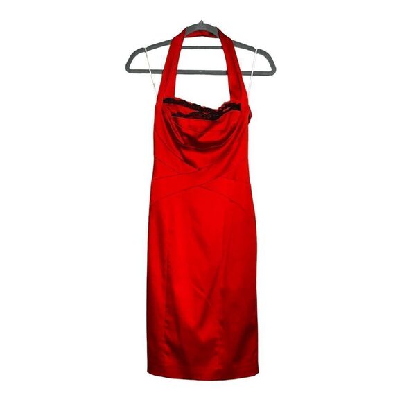 Issue red Stretch Satin Bodycon Halter Dress Black Lace Trim Valentines Day Sexy - Picture 3 of 7